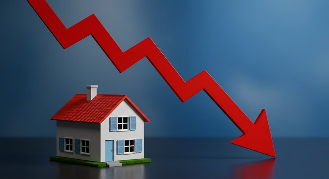 A red arrow points down towards a small house, indicating market decline