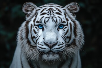 Fototapeta premium A stunning, artistic portrait of a majestic white tiger with piercing blue eyes. The intense, direct gaze and incredible detail of its fur and stripes create a powerful and captivating image