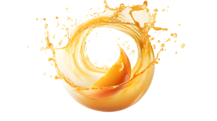 Circular Peach Juice Splash Swirl with Floating Peaches Isolated