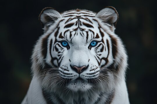 A stunning, artistic portrait of a majestic white tiger with piercing blue eyes. The intense, direct gaze and incredible detail of its fur and stripes create a powerful and captivating image