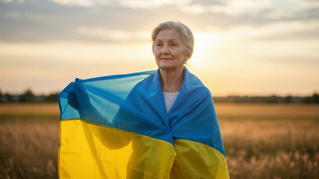 Elderly woman wrapped in the flag of Ukraine stands in a field at sunset. Senior patriot showing support and hope. National pride and freedom concept.
