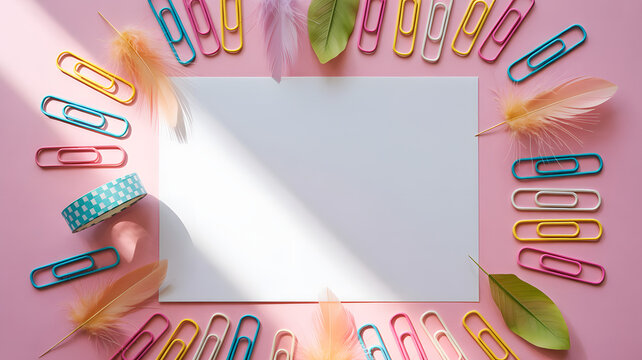 Blank white paper surrounded by colorful paperclips, feathers, and washi tape on pink background