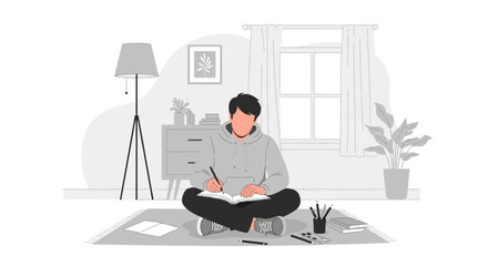 Fototapeta premium Person Writing In Notebook While Sitting On Rug Minimalist Interior Design