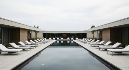 Obraz premium Serene Symmetry: Modern Poolside Retreat with White Loungers and Reflective Water