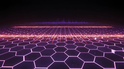 Abstract Tech Landscape with Glowing Hexagons and Futuristic Audio Visualizer Effect - Powered by Adobe