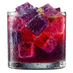 A glass of vibrant purple beverage with ice cubes slightly shifting inside, surface condensation and color depth illuminated with cool rim light, isolated on transparent background. 