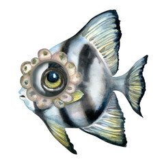 Striped tropical fish with a ring of shells around the eye - glasses. Watercolor illustration in soft blue, gray and yellow tones, combining realism and fantasy, for sea design, children's books