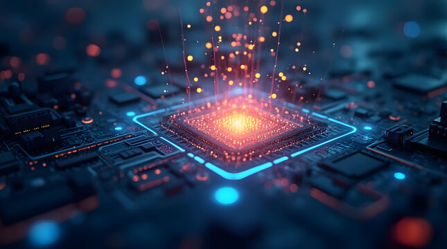 Futuristic glowing circuit board with central processing unit and data streams emanating from the core component