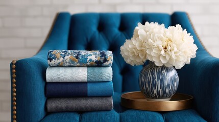 Exploring interior design through mood board sketches featuring vibrant fabrics and elegant flower arrangements in a cozy living space