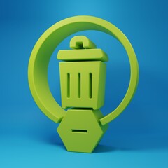 Green Trash can icon isolated on blue background. Garbage bin sign. Recycle basket icon. Office trash icon. Minimalism concept. 3D render illustration