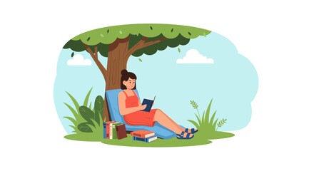Woman Reading Book Under Tree Relaxing Outdoors on a Summer Day