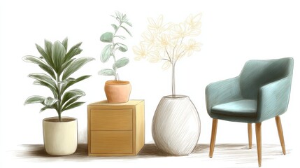 Scandinavian style interior sketches showcasing unique furniture and decorative plant arrangements in a cozy living space setting