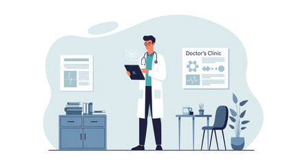 Practitioner Analyzing Patient Data on Tablet Device in a Clinic Setup