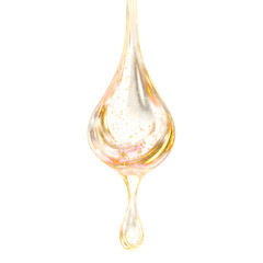 A glossy golden serum drop appears mid-drip, suspended against backlight to emphasize surface tension and reflective highlights, isolated on transparent background. --v 7.0 --s 250 --raw