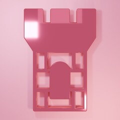 Pink Castle tower icon isolated on pink background. Fortress sign. Minimalism concept. 3D render illustration