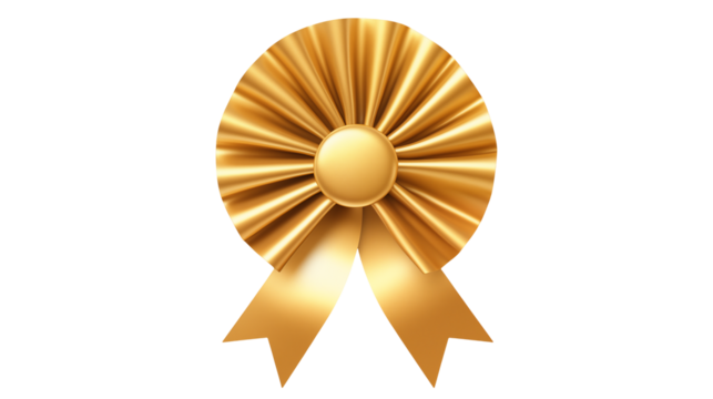 Elegant golden rosette award ribbon with satin texture and central button, symbolizing achievement and excellence isolated on white or transparent png.