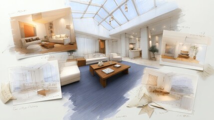 Sketches of innovative small apartment interiors showcasing modern design and functionality in urban living spaces