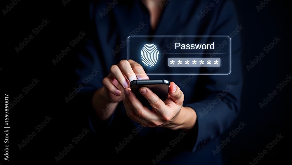 Poster businessman holding smartphone with fingerprint authentication and password screen. symbolizes digit