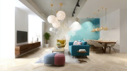 Sketch designs showcasing stylish small apartment interiors featuring modern furniture and vibrant color schemes to maximize space and comfort