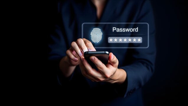 Businessman holding smartphone with fingerprint authentication and password screen. Symbolizes digital security, privacy, data protection. Perfect for cybersecurity,