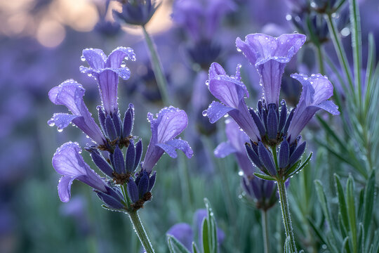 Fototapeta Dew drops gently adorning vibrant lavender flowers at dawn