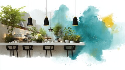 Exploring creative ideas for sustainable interior spaces with sketching techniques in a modern, plant filled environment