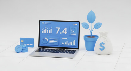 An open laptop with data dashboards sits near money, a card, and plant