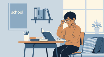 Student Learning At Home By Reading A Book In Relaxing Environment Illustration
