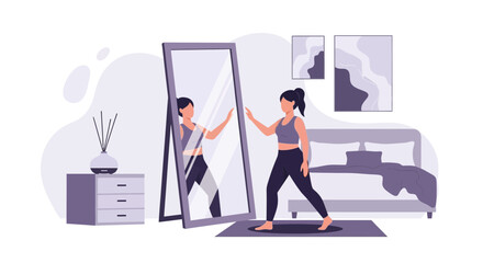 Woman Standing Before Mirror In Bedroom Doing Exercise With Reflection