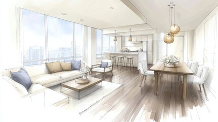 Sketches showcasing modern small apartment interiors with open living spaces and minimalist design