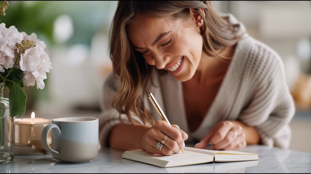 Warm morning moments spent journaling with a cup of tea and flowers on a cozy table