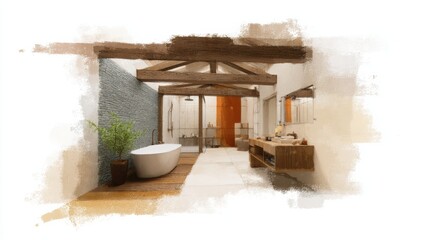Modern bathroom renovation design sketches showcasing a spacious layout with natural elements and contemporary finishes