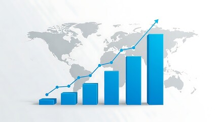Blue bar chart depicts global growth trending upward against a world map backdrop