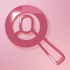Pink Magnifying glass for search job icon isolated on pink background. Recruitment or selection concept. Search for employees and job. Minimalism concept. 3D render illustration