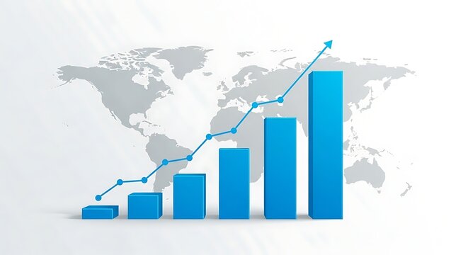 Blue bar chart depicts global growth trending upward against a world map backdrop - Powered by Adobe