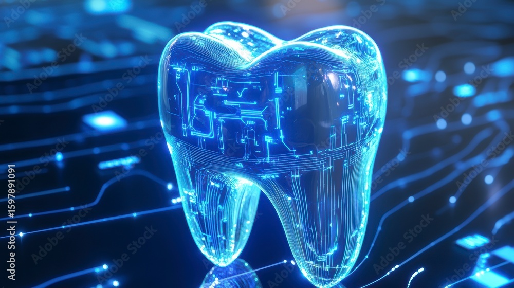 Aufkleber futuristic glowing tooth with embedded circuitry on a digital background.