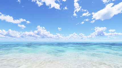 serene ocean view with clear turquoise waters and bright blue sky filled with fluffy white clouds creates peaceful atmosphere