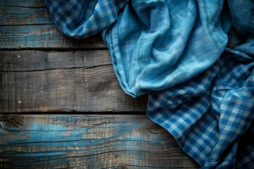 Rustic wooden table with blue checkered napkin offering ample space for custom text or design