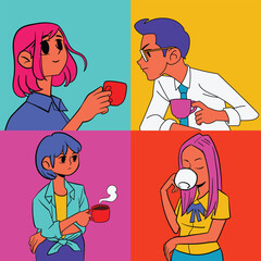 Colorful Pop Art style Illustrations hand-drawn of people on a coffee break