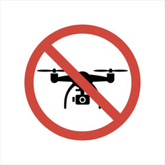 Black drone with camera silhouette inside red prohibition circle sign no drone forbidden
