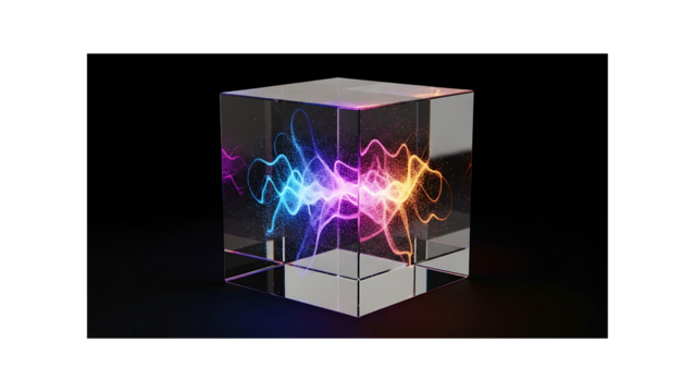 A luminous 3D laser-engraved electrical arc with vibrant colors, captured inside a clear crystal cube. An abstract representation of power and energy.