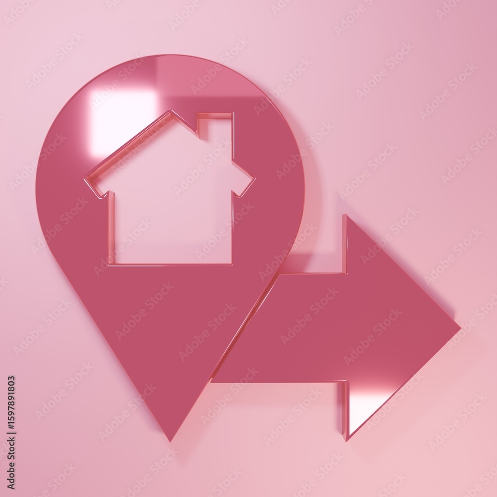 Poster pink map pointer with house icon isolated on pink background. home location marker symbol. minimalis