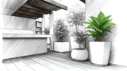 Interior sketches showcasing lush indoor plants in a cozy living space with wooden elements and natural light during daytime