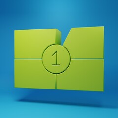 Green Old film movie countdown frame icon isolated on blue background. Vintage retro cinema timer count. Minimalism concept. 3D render illustration