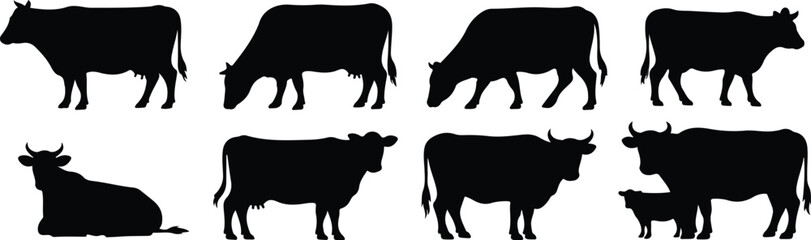 Cow silhouette vector set showing eight different poses including standing, grazing, resting and mother-calf combination—ideal for farm animals, nature and countryside themes vector template flat grap