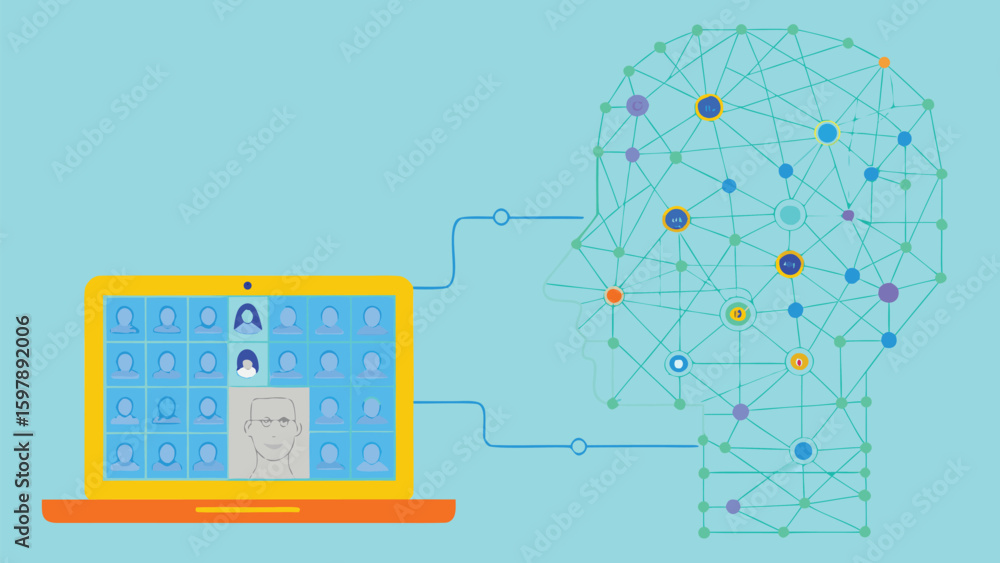 Poster laptop showing a video call connected to a head with network of dots and lines representing artifici