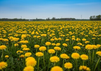 Fototapeta premium 鮮やか黄色タンポポ畑 春の穏やか光輝く風景