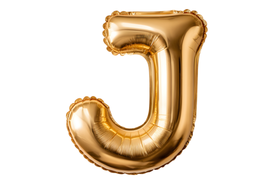 Gold Foil Balloon Letter J on Transparent Background