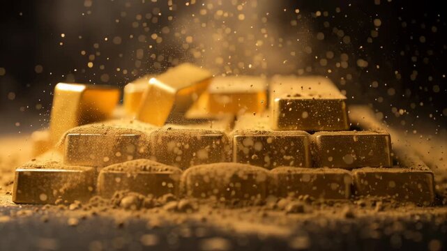 Gold bar stack concept ,Shiny gold bars stacked elegantly with fine dust, reflecting opulence and wealth in luxurious atmosphere