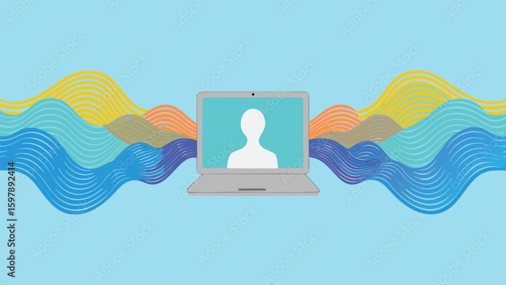 Leinwandbilder Laptop screen displaying a person icon with colorful waves in the background design element art